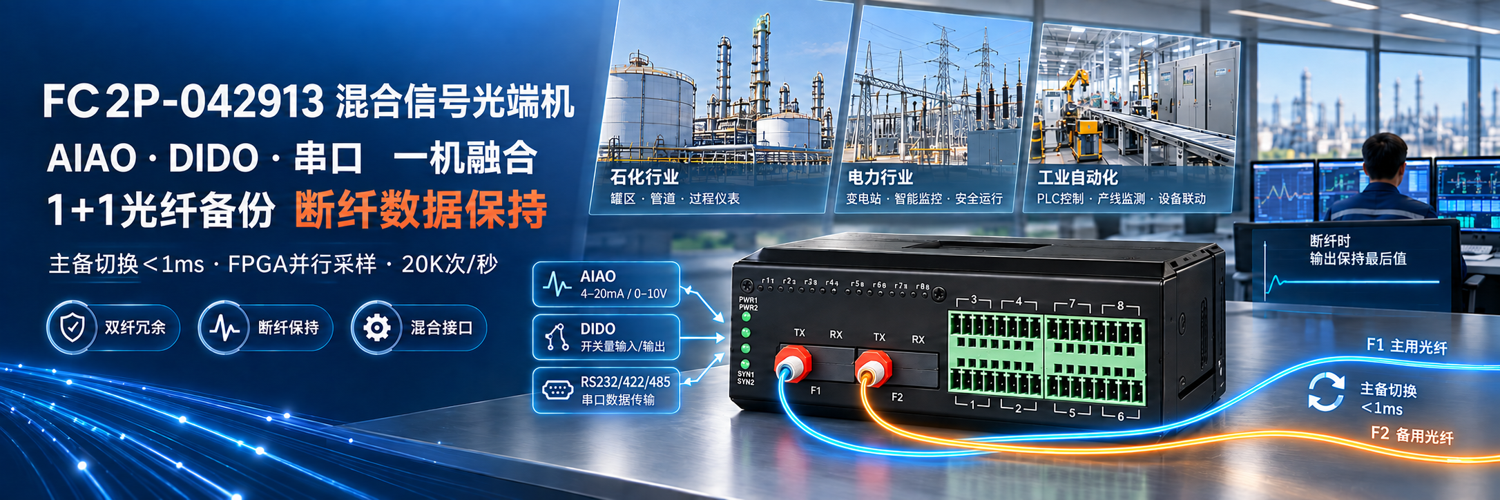 FC2P-042913 AIAO、DIDO与串口混合光端机，支持1+1光纤备份及断纤数据保持