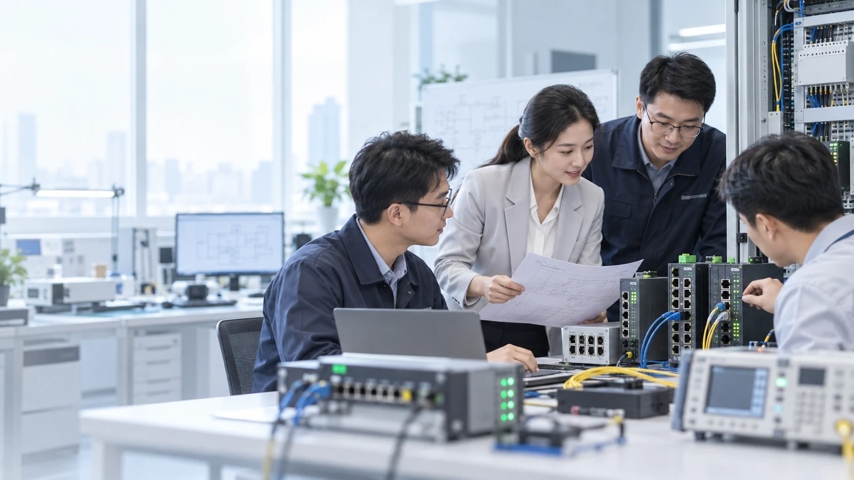 飞畅科技工程师在工业通信实验室进行设备联调与技术协作