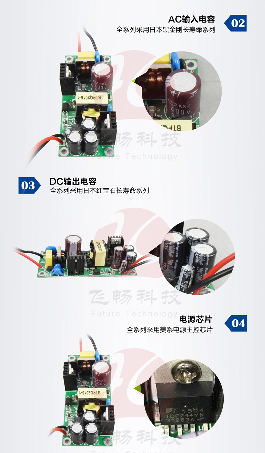 飞畅科技AC输入长寿命电容、DC输出长寿命电容及电源主控芯片资料