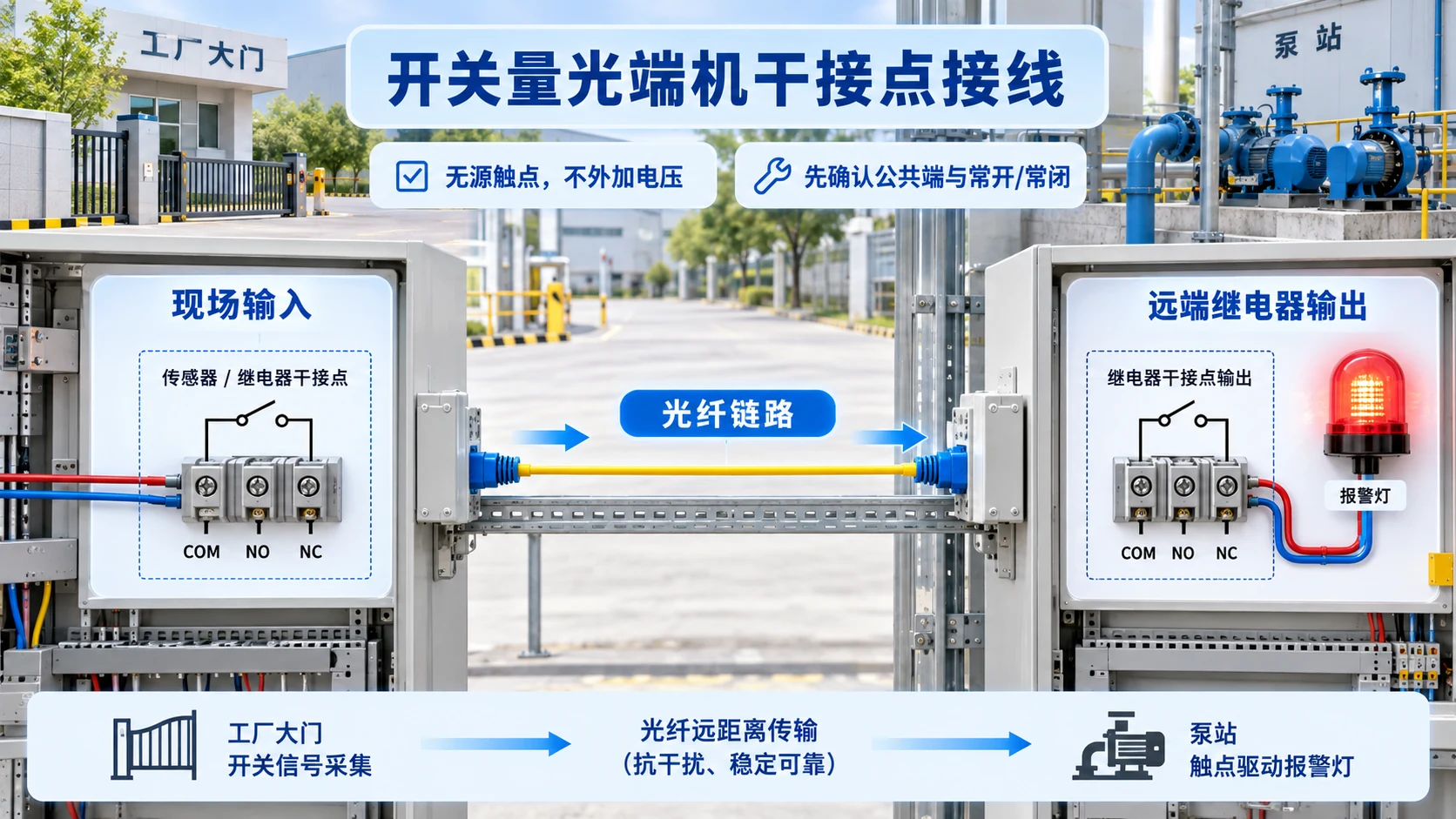 开关量光端机干接点从工厂大门传到泵站的接线示意