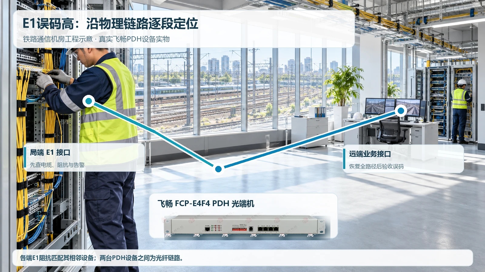 飞畅FCP-E4F4 PDH光端机用于铁路通信机房E1链路分段排障的原创场景示意
