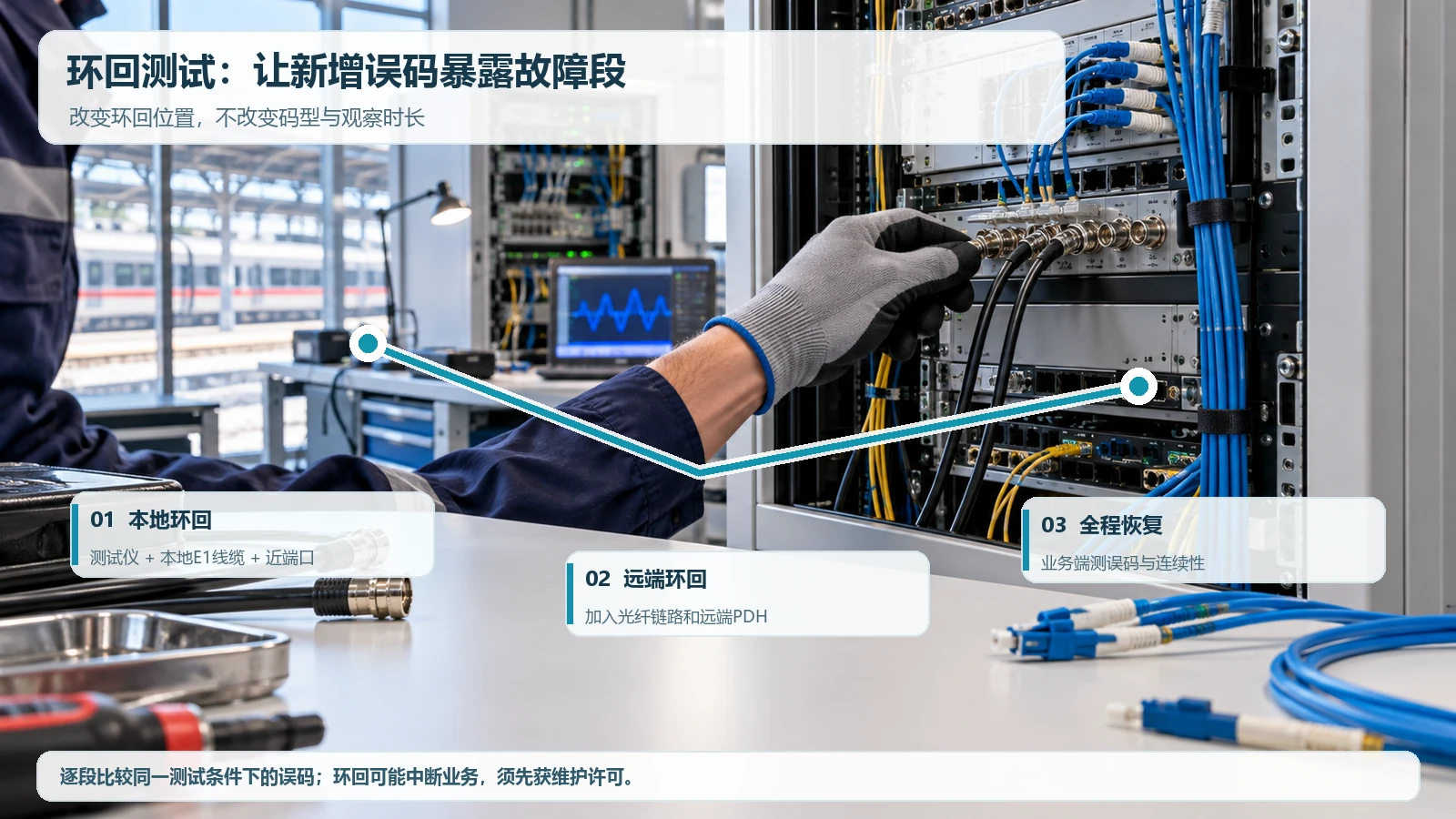 E1误码仪从本地E1电缆到远端光端机的分段环回测试路径