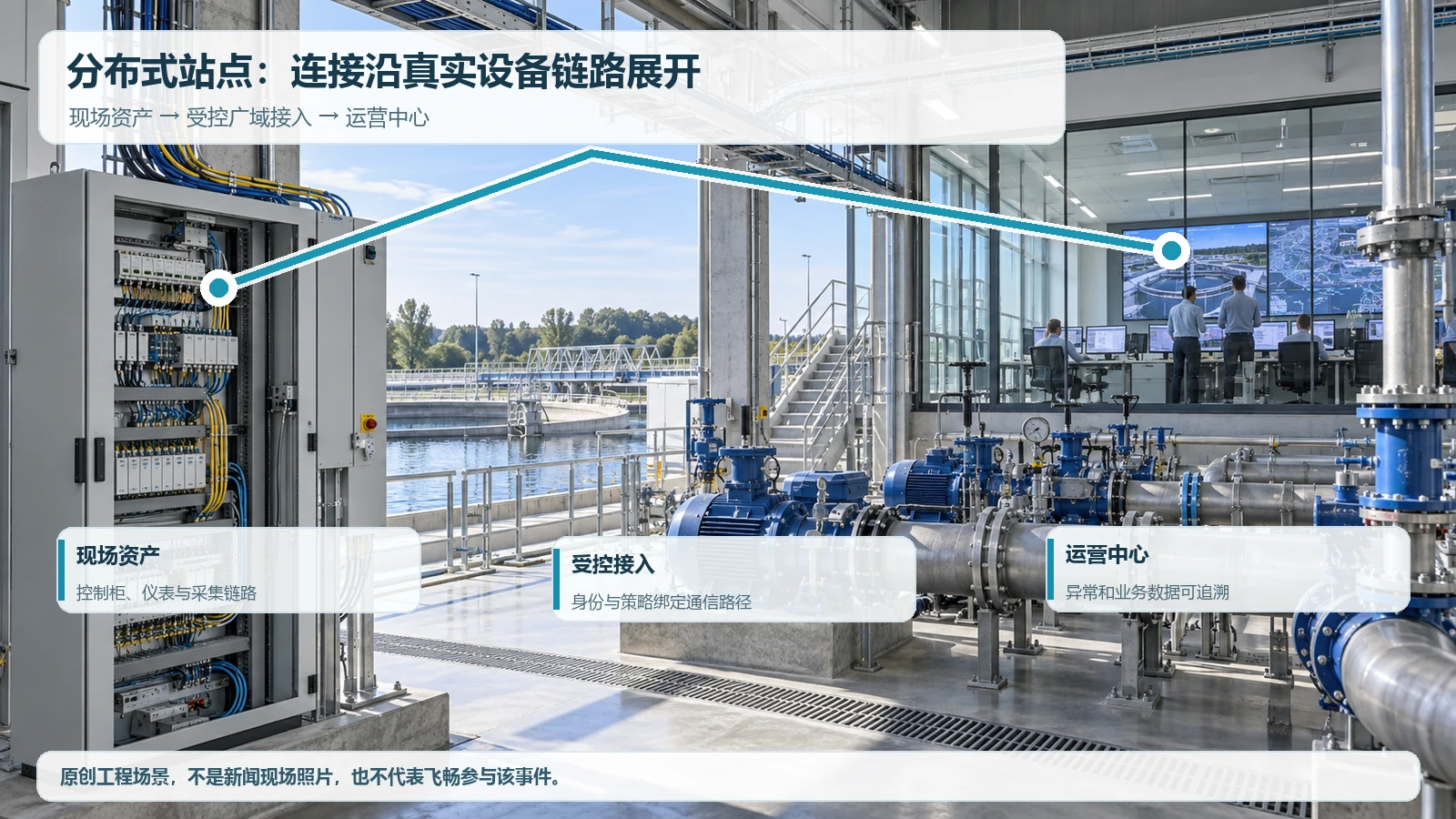 分布式公用事业站点从工业资产经受控广域连接到中心防护的原创场景示意